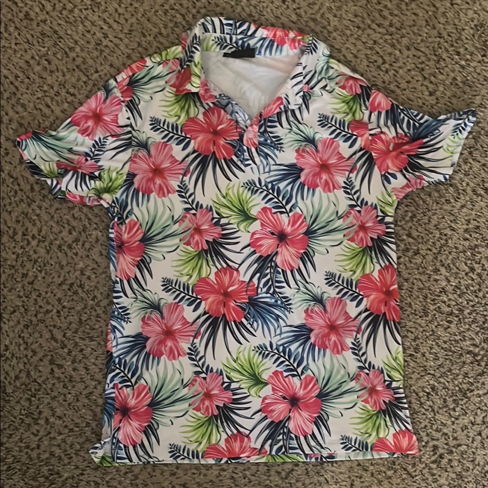 GreenSide Gold Hawaiin Themed Floral Collared Tee